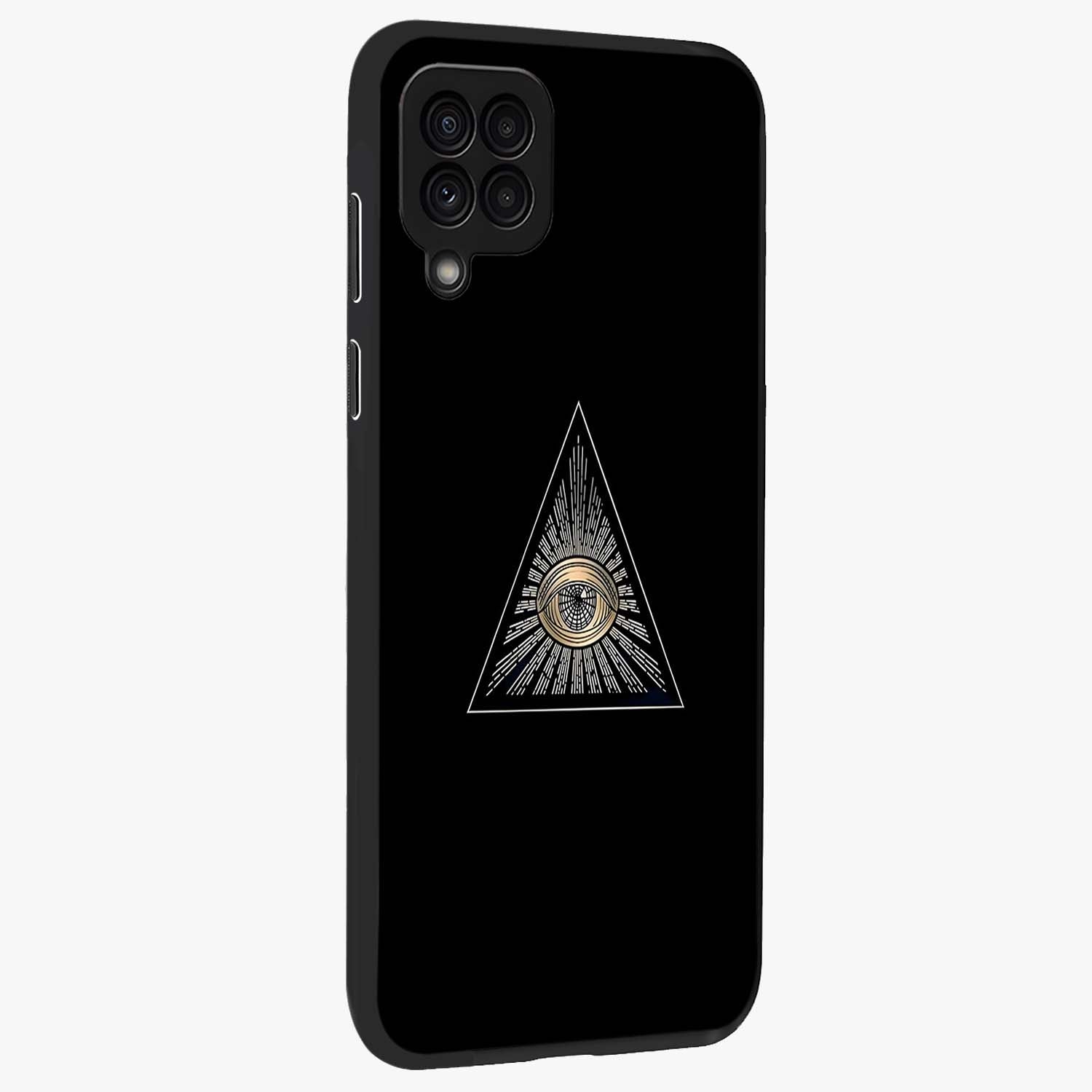 Illuminati Evil Glass Case upright view showcasing striking illuminati artwork with mysterious symbolic theme.