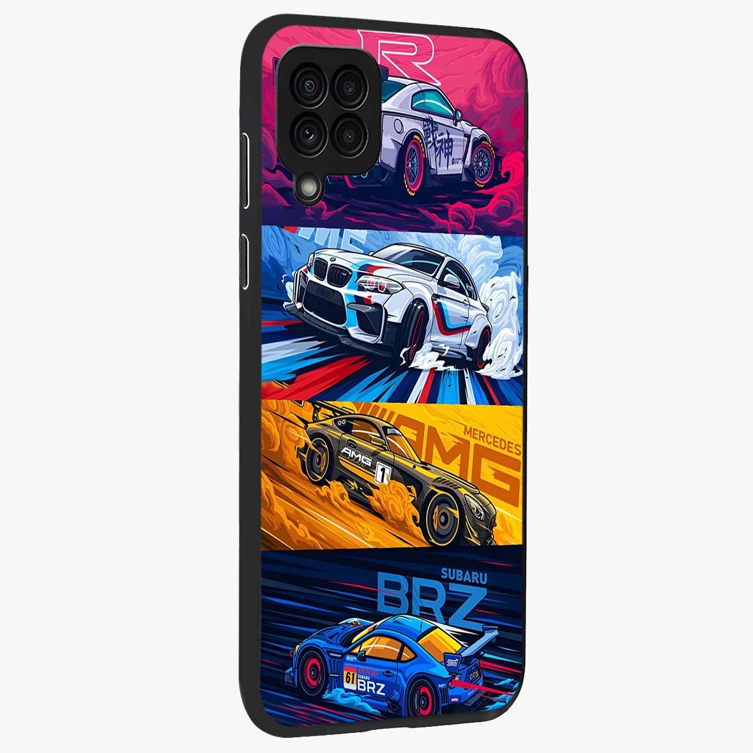 JDM Sports Car Glass Case upright view showcasing dynamic sports car artwork with bold racing theme.