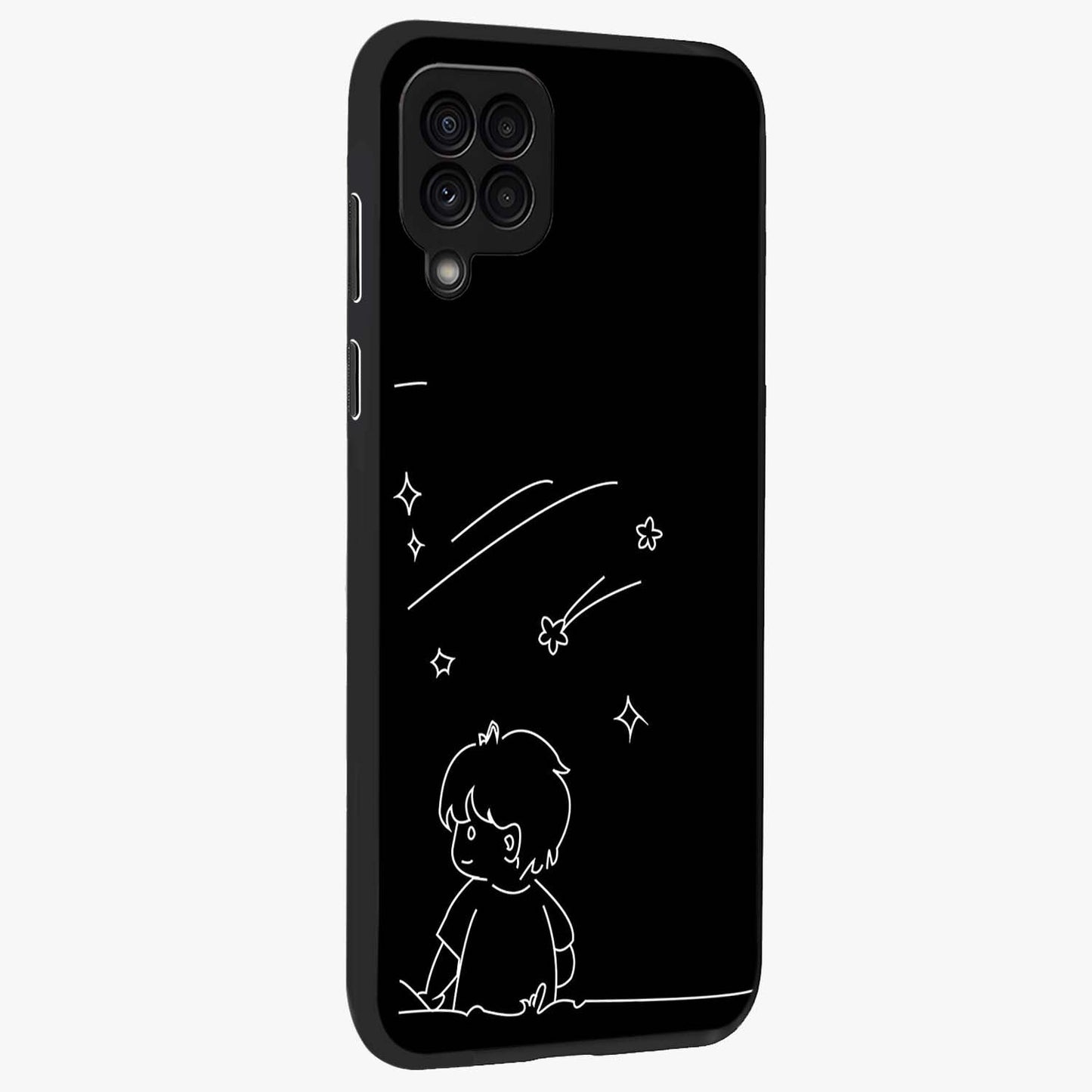 Line Art Boy With Shooting Stars Glass Case upright view showcasing artistic shooting star illustration with minimal style.