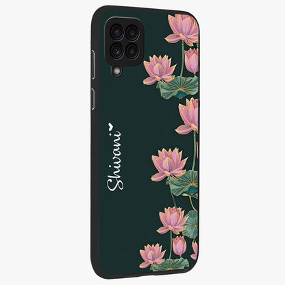 Lotus Bloom Serenity Custom Name Glass Case upright view showcasing serene lotus bloom artwork with personalized floral aesthetic.