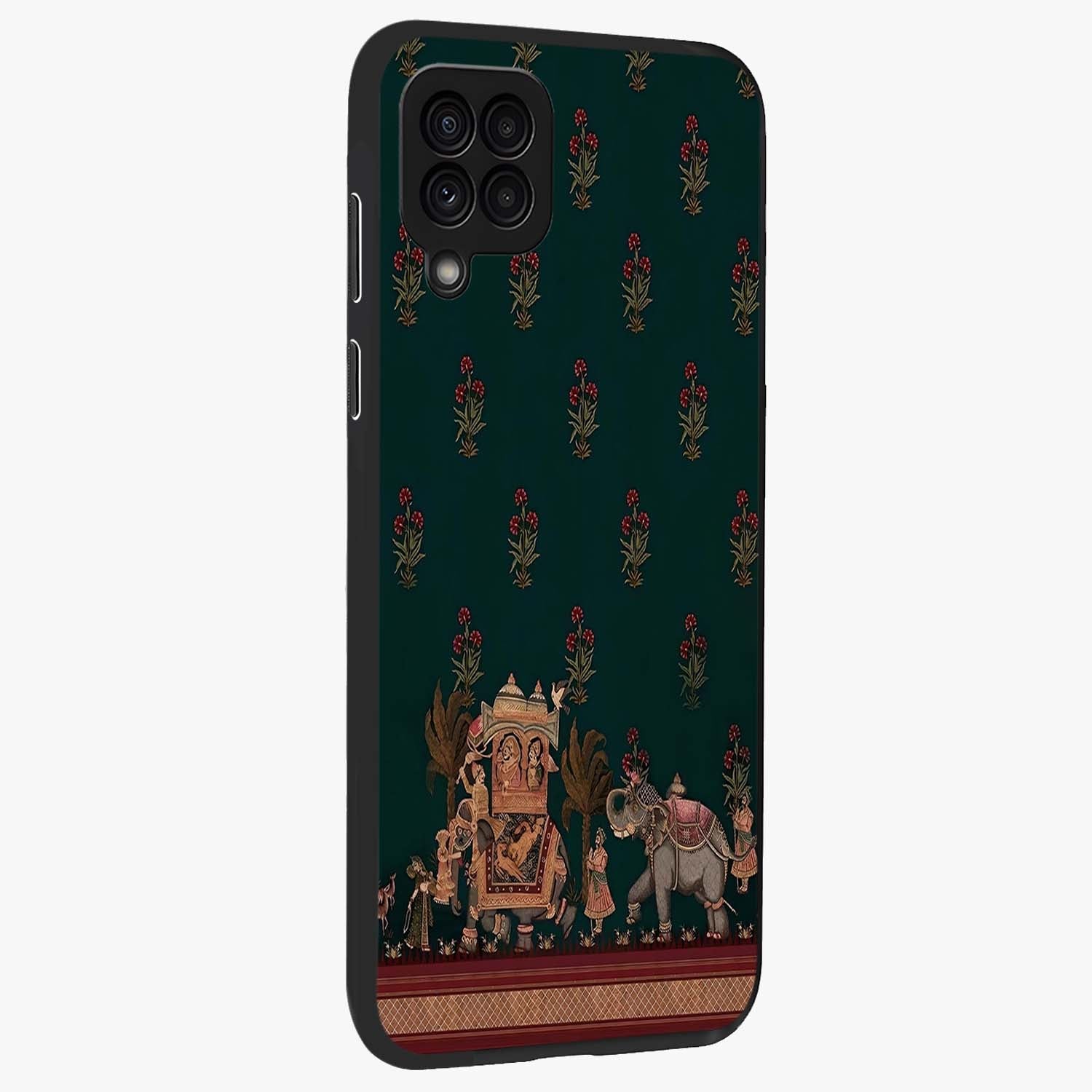 Macmerise Glass Case upright view showcasing bold artistic artwork with contemporary design theme.