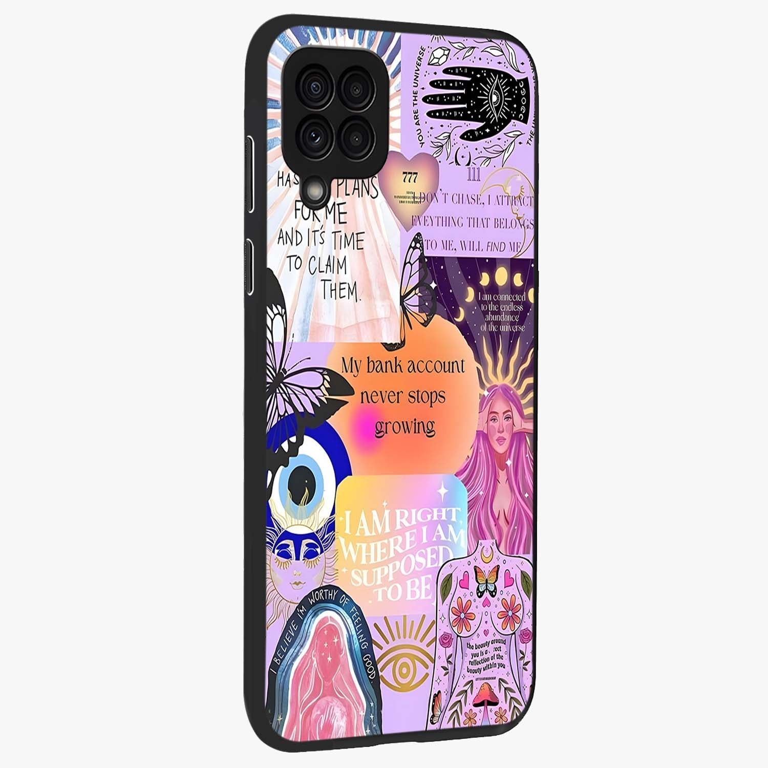 Manifestation Collage Glass Case upright view showcasing artistic manifestation themed artwork with creative style.