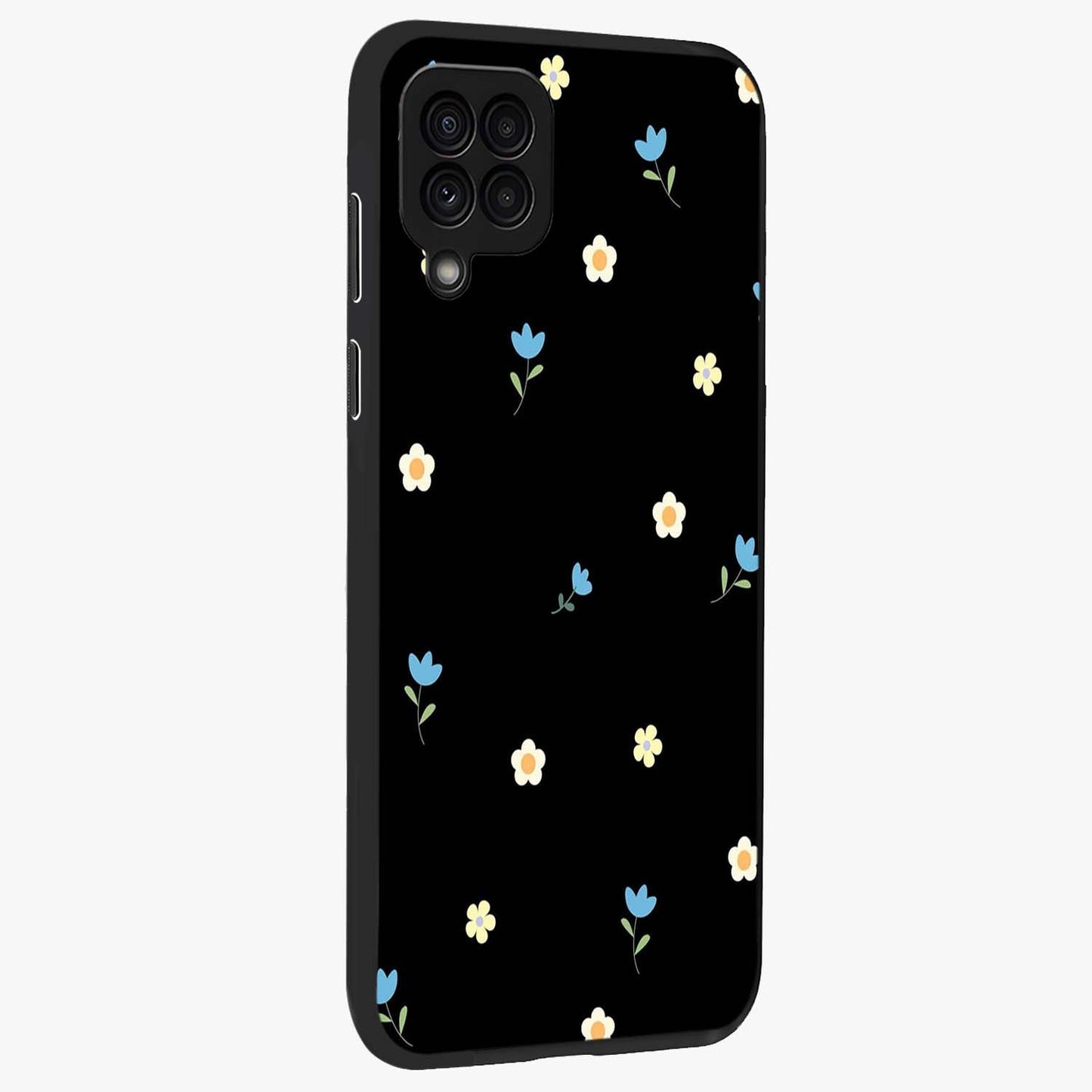 Minimal Petal Whispers Glass Case upright view showcasing elegant floral artwork with modern minimalist style.