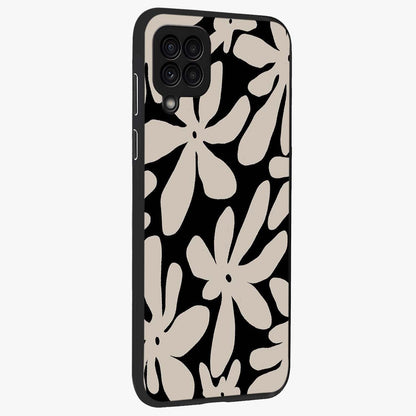 Monochrome Petal Dance Glass Case upright view showcasing artistic floral pattern with stylish monochrome theme.
