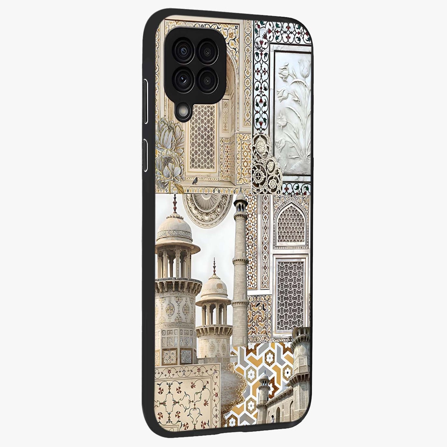 Mughal Marble Legacy Glass Case upright view showcasing ornate Mughal design with luxurious traditional theme.