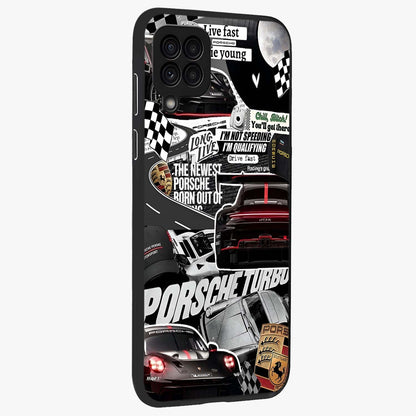 Porsche Racing Collage Glass Case upright view showcasing energetic car collage artwork with high speed racing theme.