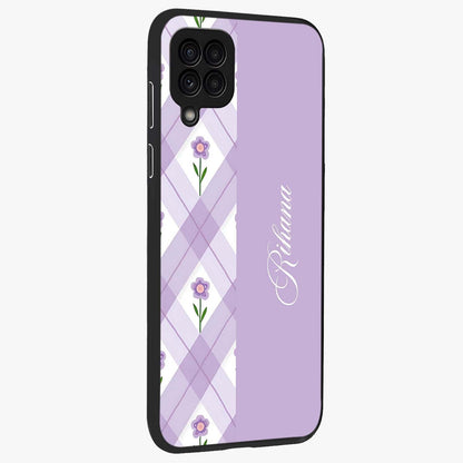Purple Diamond Floral Glass Case upright view showcasing vibrant floral artwork with stylish geometric theme.