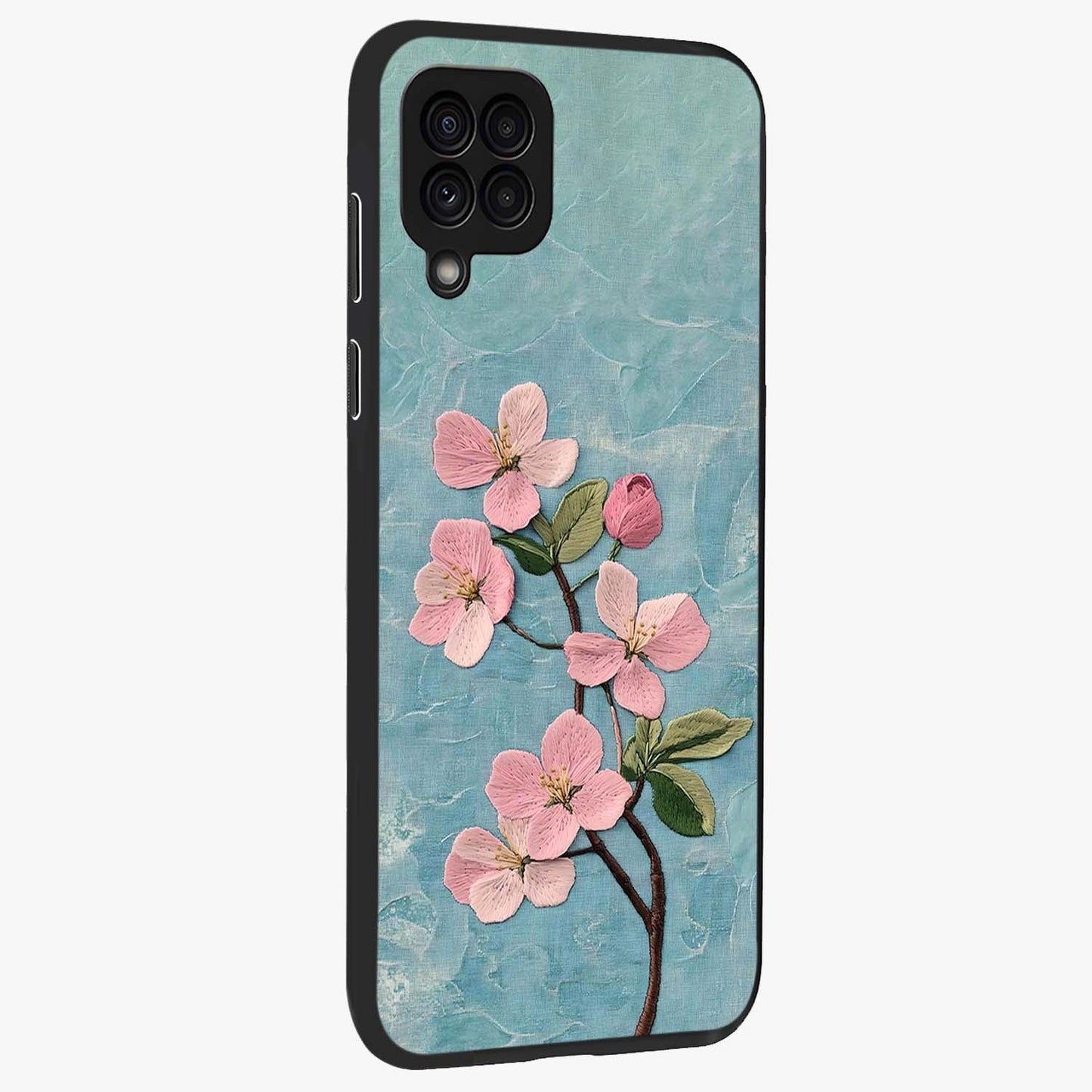 Threaded Blossom Breeze Glass Case upright view showcasing graceful flower artwork with calm botanical theme.