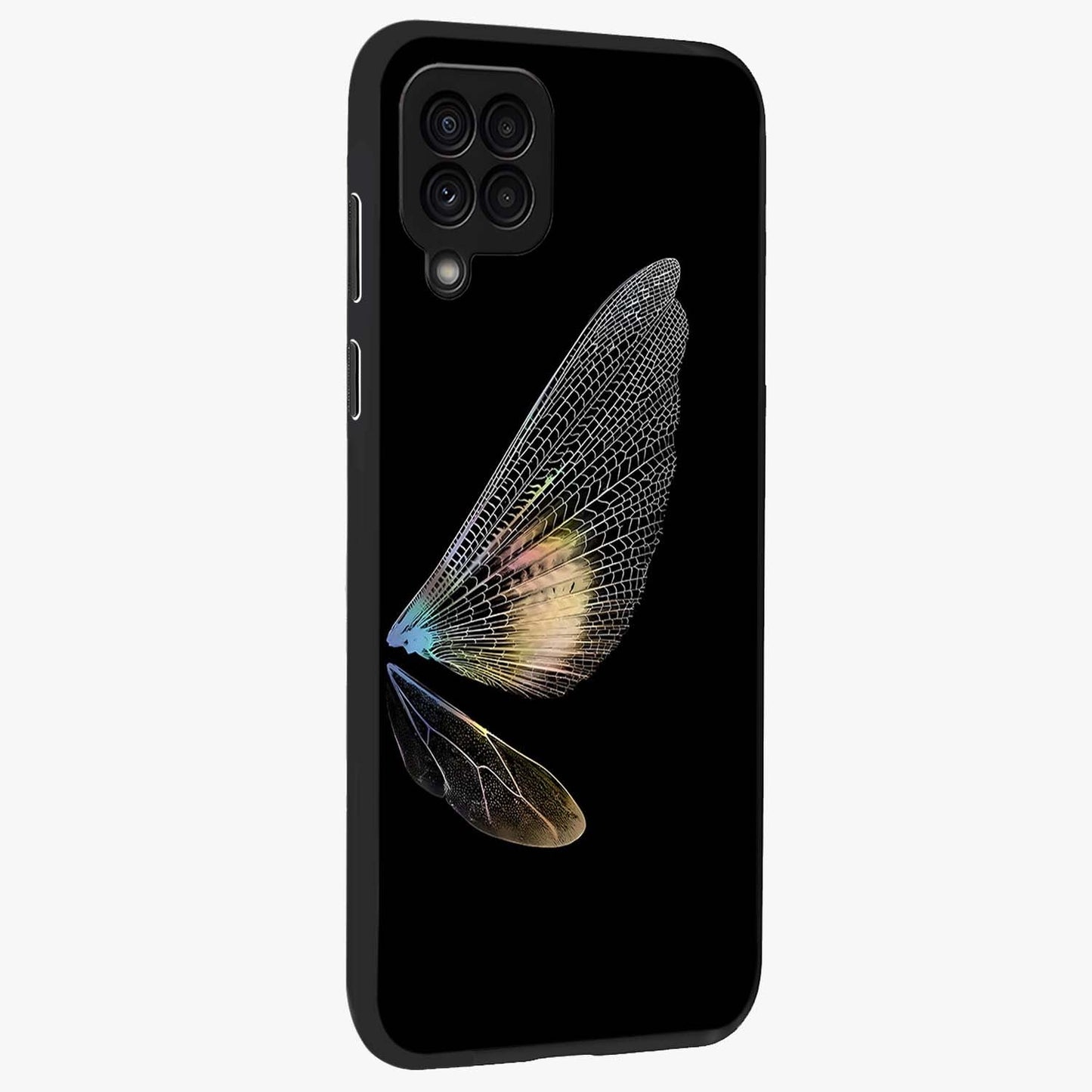 Whispers Of Wings Glass Case upright view showcasing elegant wing artwork with light airy theme.
