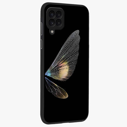 Whispers Of Wings Glass Case upright view showcasing elegant wing artwork with light airy theme.