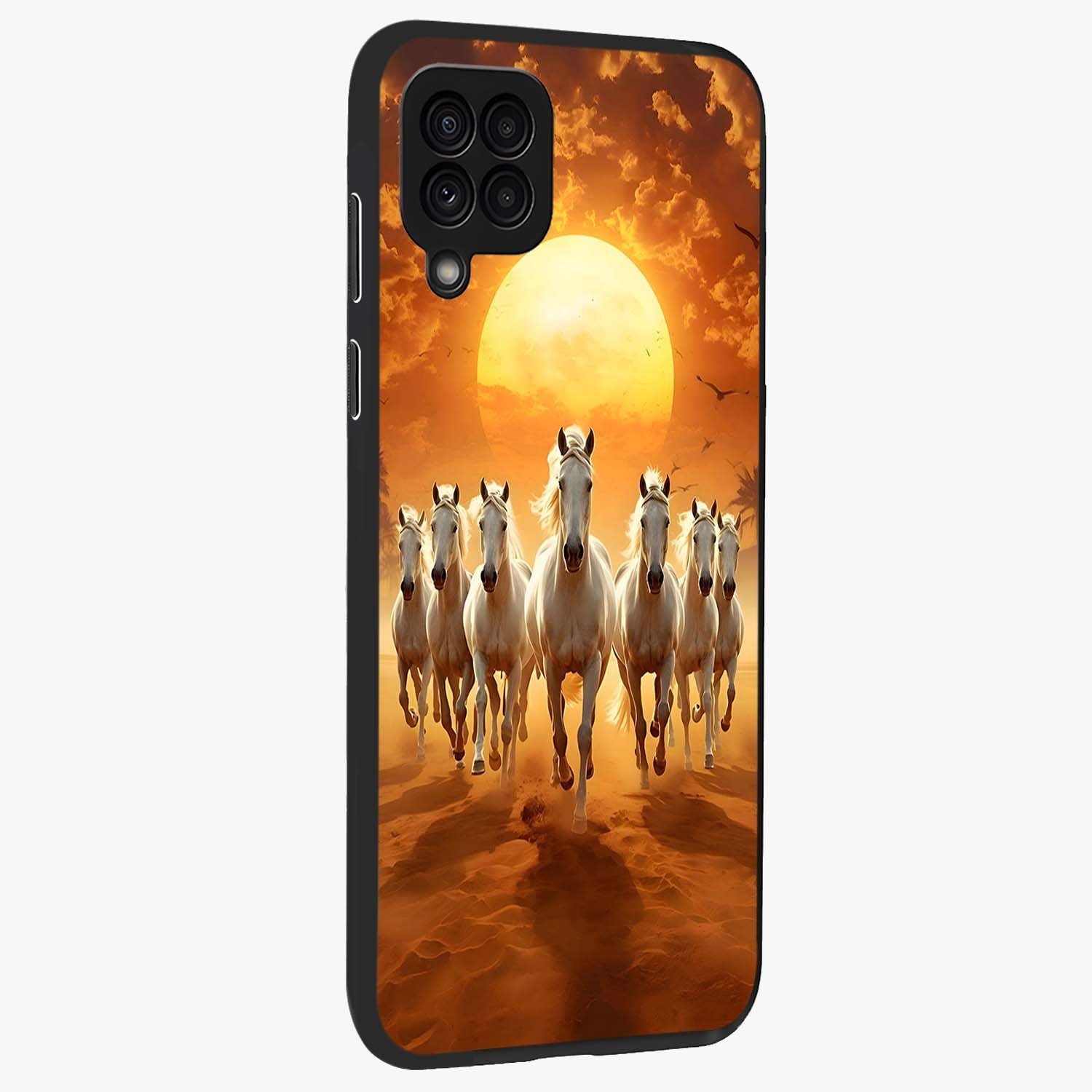 Wild Sunset Majesty Glass Case upright view showcasing dramatic sunset artwork with bold nature theme.