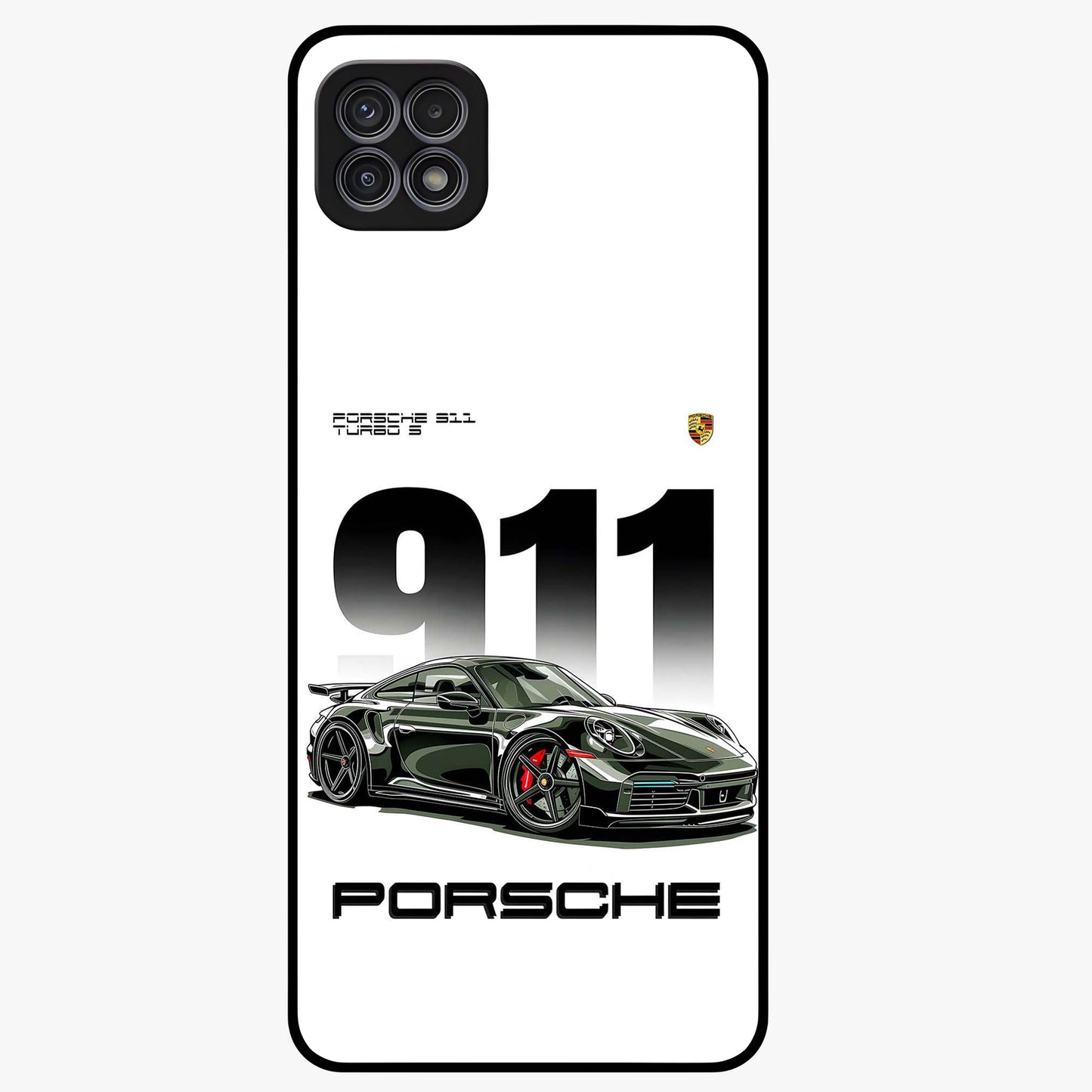 911 Turbo Dominance Glass Case showing clean flat back view with bold 911 sports car artwork and glossy glass finish.