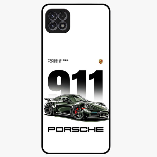 911 Turbo Dominance Glass Case showing clean flat back view with bold 911 sports car artwork and glossy glass finish.