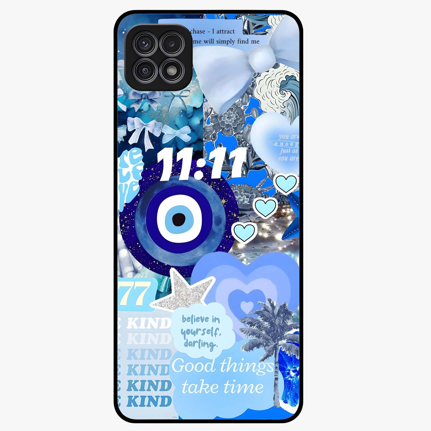 Aesthetic Be Kind Eye Glass Case showing flat back view with motivational eye artwork and glossy glass finish.