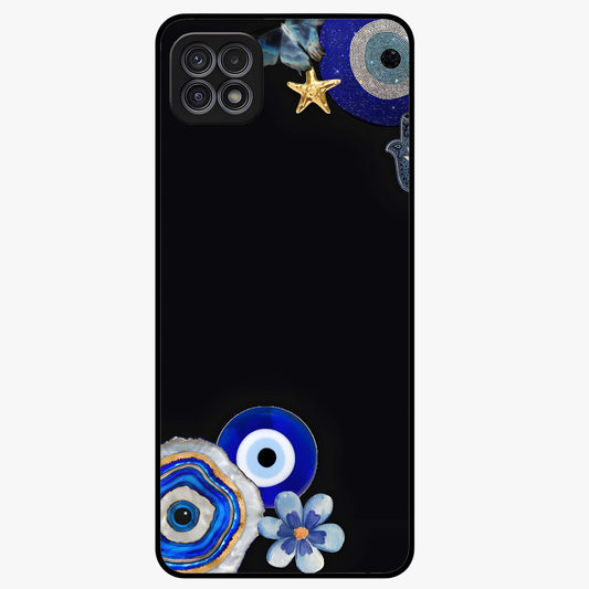 Aesthetic Blue Evil Eye Glass Case showing flat back view with protective evil eye artwork and glossy glass finish.