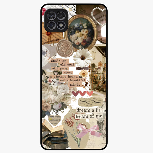 Aesthetic Brown Vintage Collage Glass Case showing flat back view with retro collage artwork and glossy glass finish.