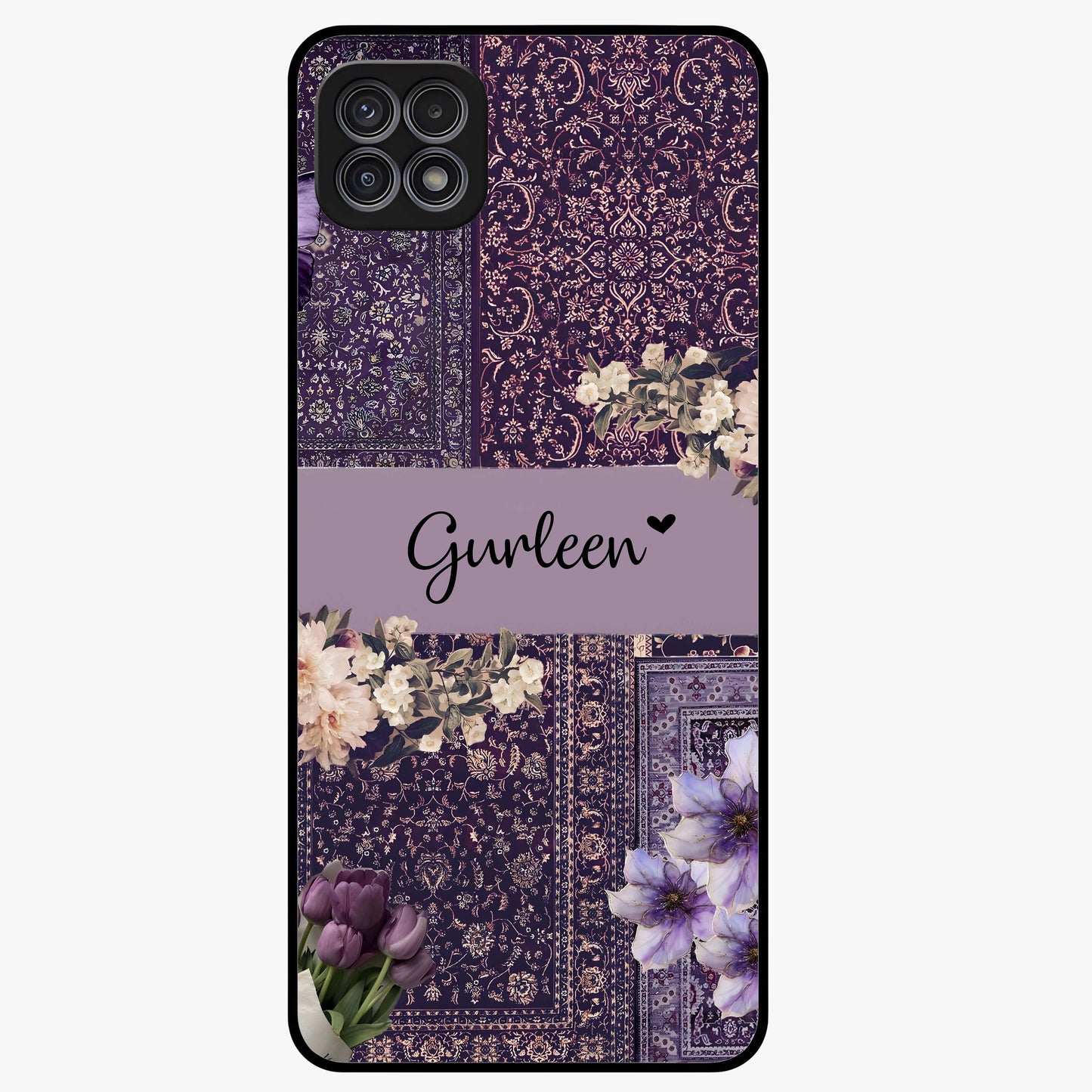 Antique Floral Whisper Custom Name Glass Case showing flat back view with vintage floral artwork and personalized name design.