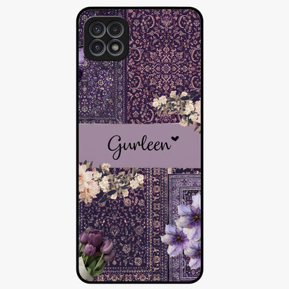 Antique Floral Whisper Custom Name Glass Case showing flat back view with vintage floral artwork and personalized name design.