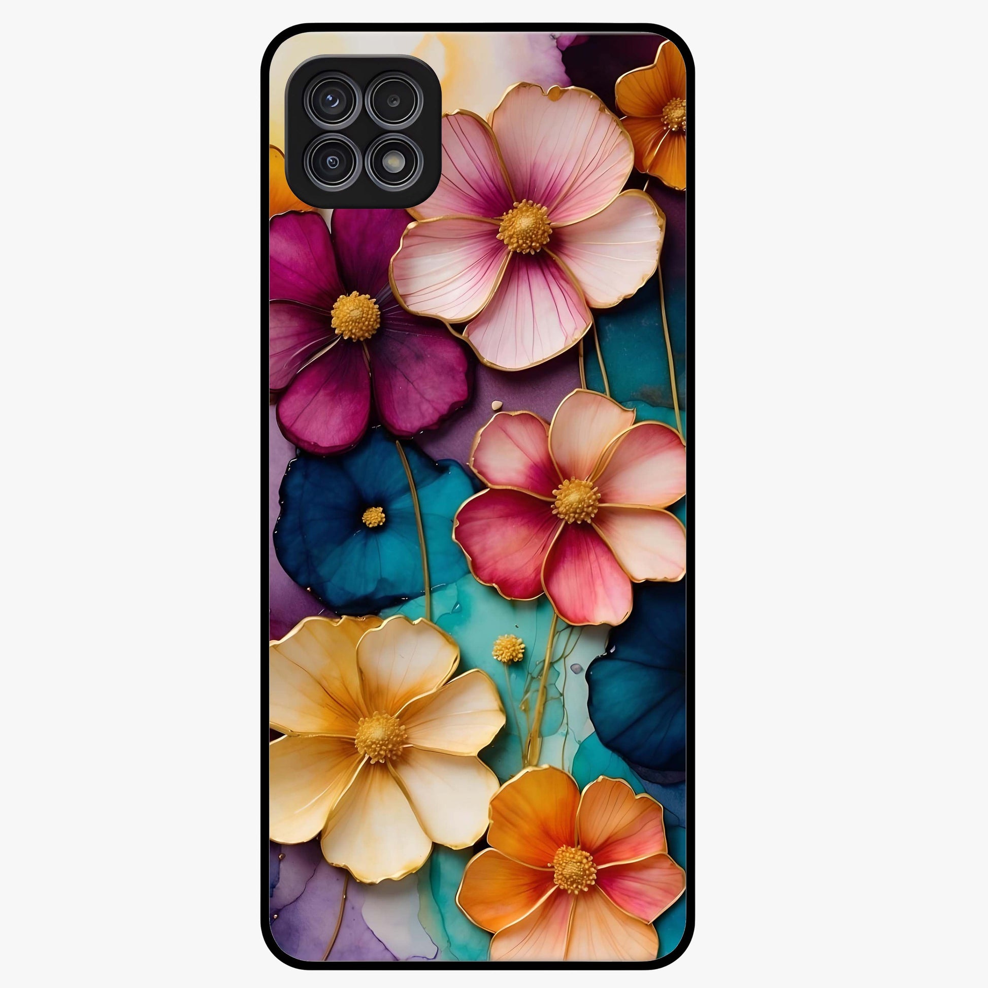 Artlyn Grace Flower Pattern Glass Case showing flat back view with elegant floral pattern artwork and glossy glass finish.