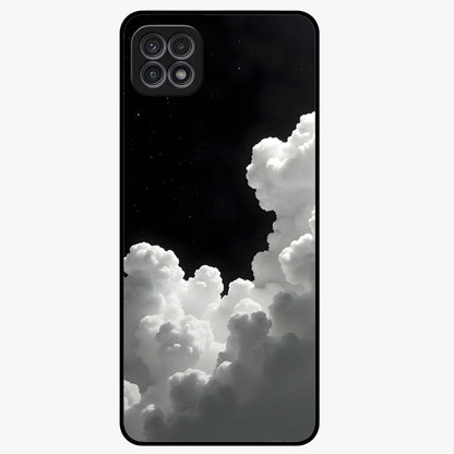 Black Background With White Cloud Glass Case showing flat back view with minimal cloud artwork on dark background and glossy glass finish.
