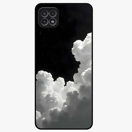 Black Background With White Cloud Glass Case showing flat back view with minimal cloud artwork on dark background and glossy glass finish.