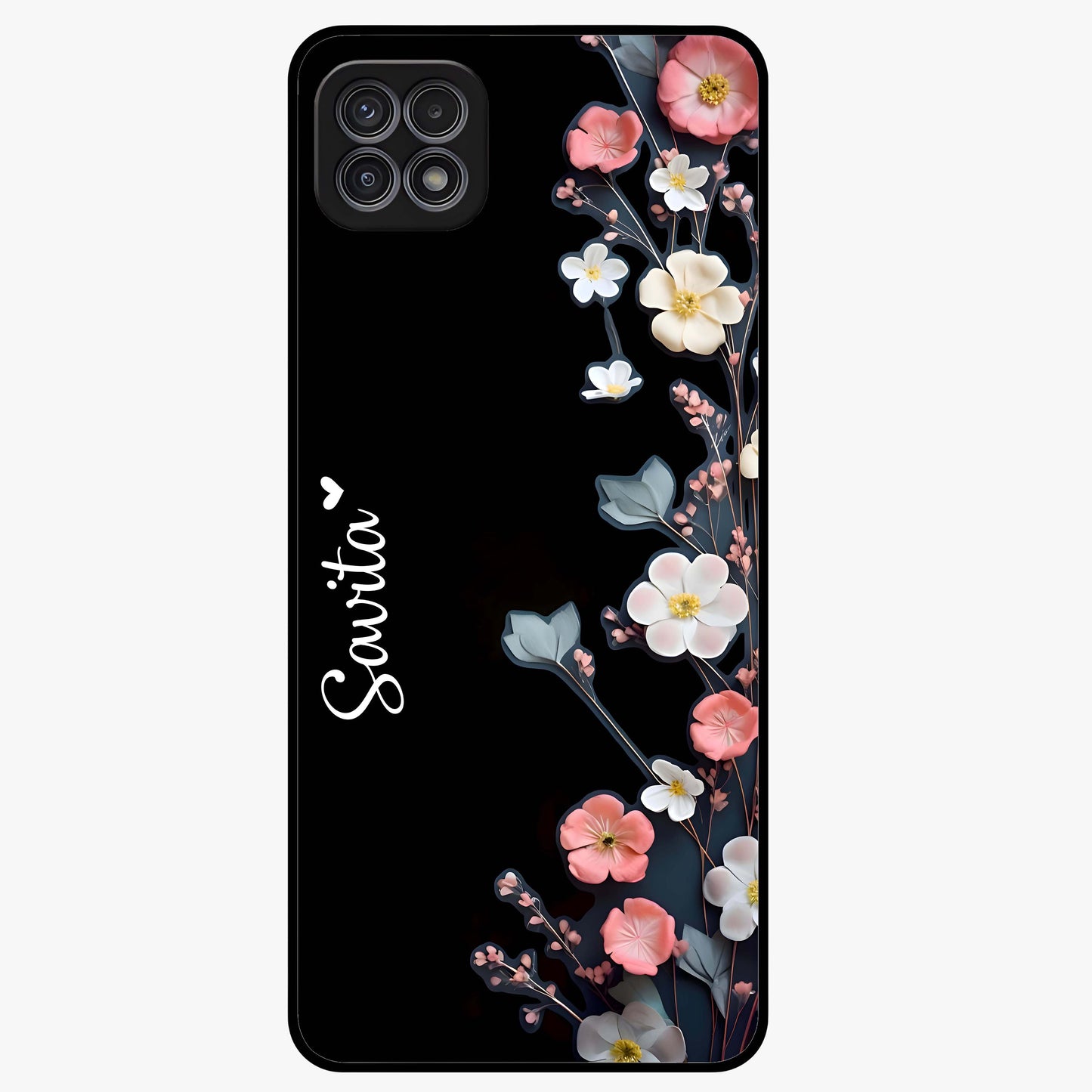 Black Elegance Floral Custom Name Glass Case showing flat back view with elegant floral artwork and personalized name design.