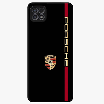 Black Minimal Porsche Glass Case showing flat back view with sleek minimal sports car artwork and glossy glass finish.