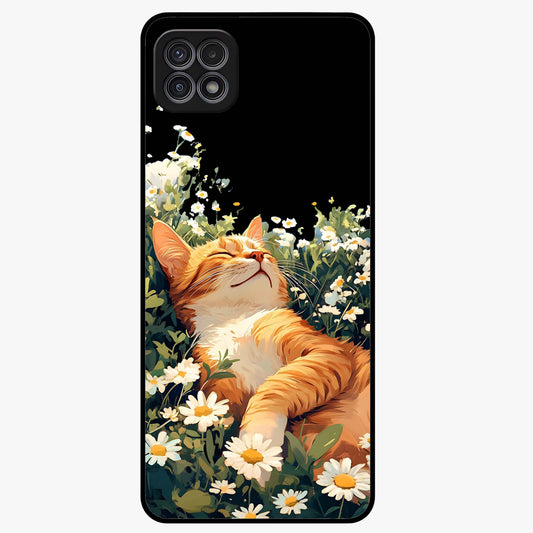Blissful Bloom Cat Glass Case showing flat back view with cute cat and floral bloom artwork and glossy glass finish.