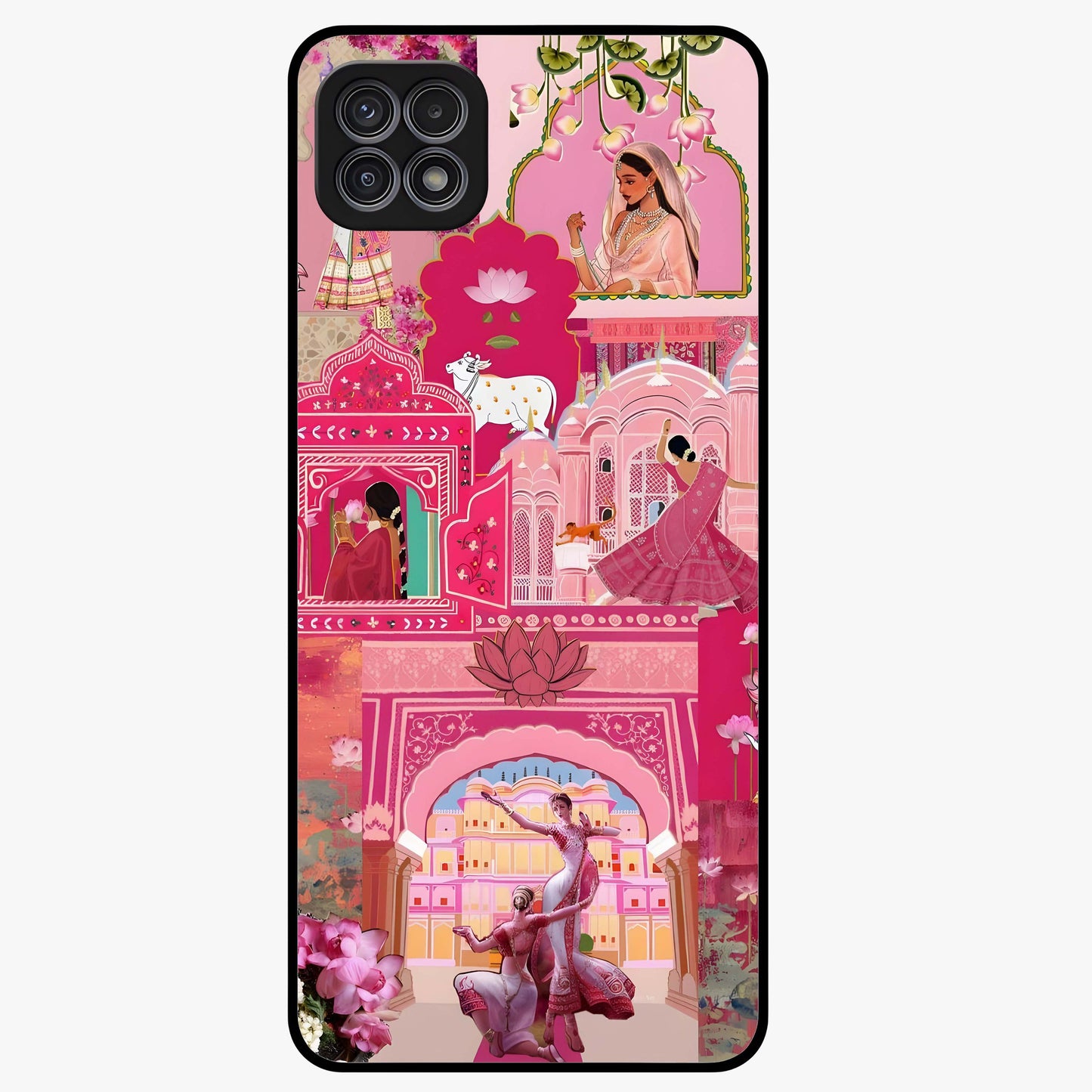 Blossoms of Rajasthan Glass Case showing flat back view with traditional floral artwork inspired by Rajasthan and glossy glass finish.