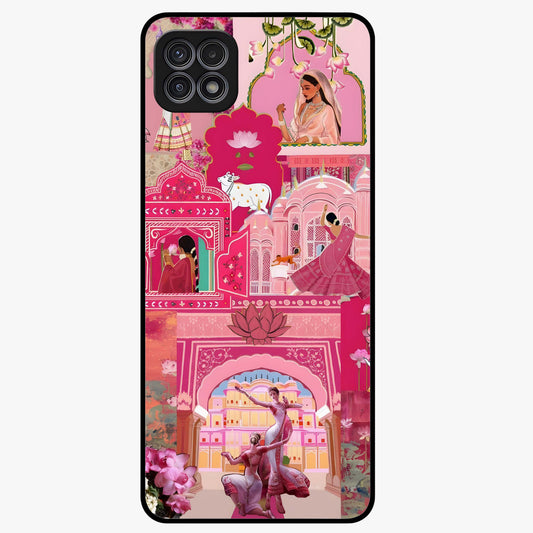 Blossoms of Rajasthan Glass Case showing flat back view with traditional floral artwork inspired by Rajasthan and glossy glass finish.