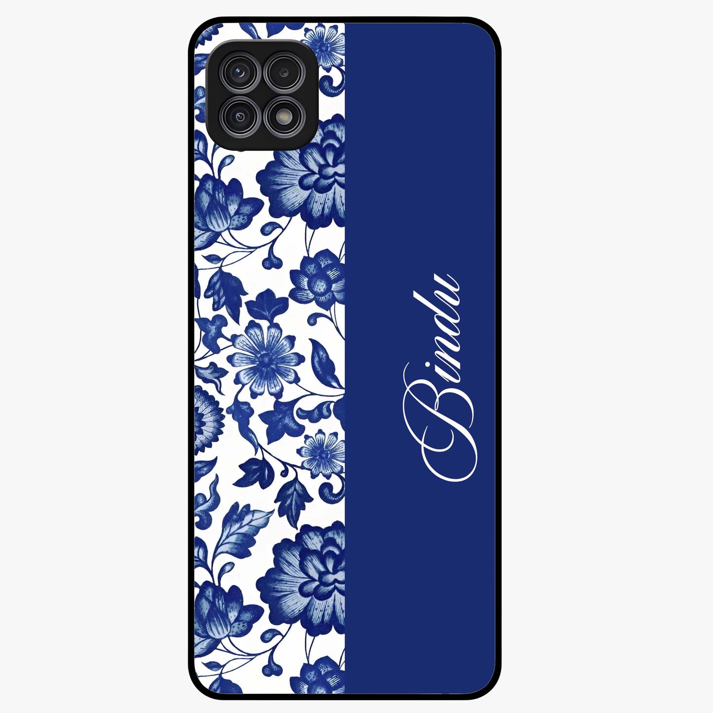 Blue Vintage Floral Pattern Glass Case upright view showcasing timeless floral illustration with vintage inspired style.