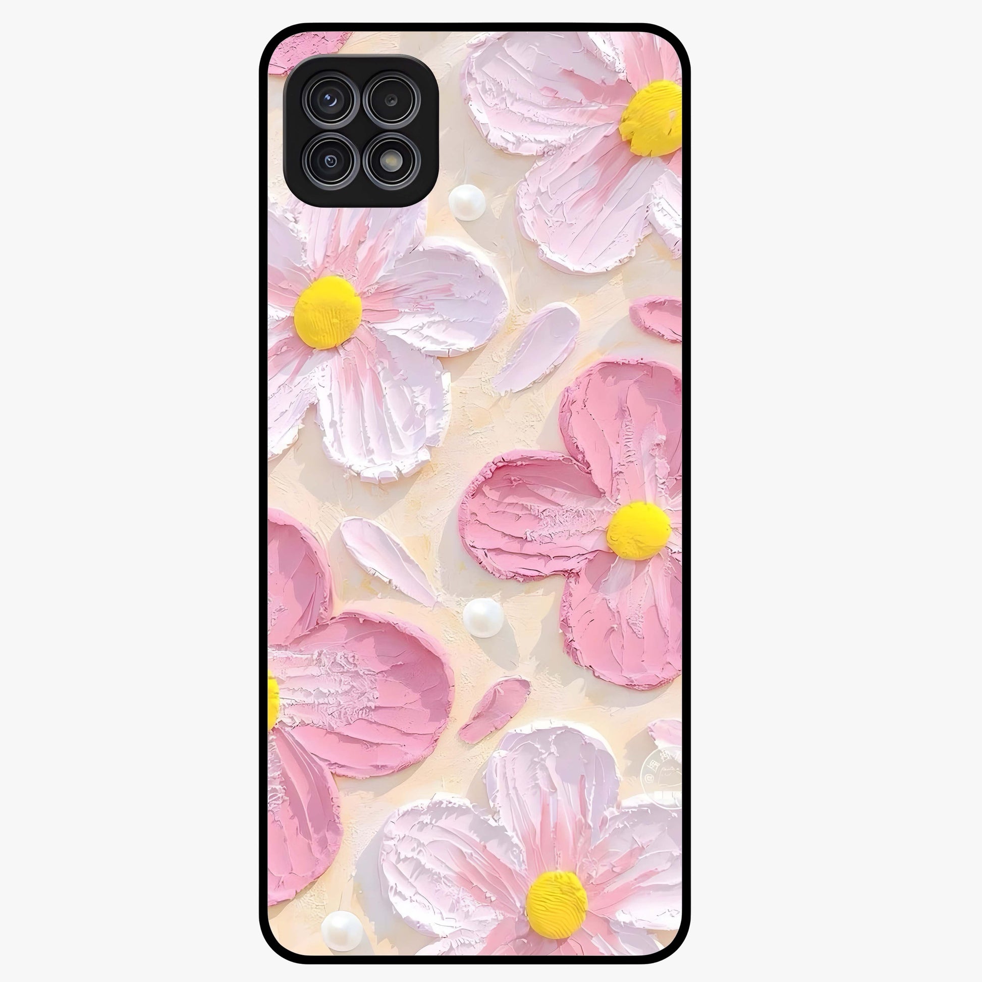 Blush Bloom Texture Glass Case showing flat back view with soft blush floral texture artwork and glossy glass finish.