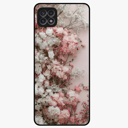 Blush Blossom Cloud Glass Case showing flat back view with dreamy blush cloud blossom artwork and glossy glass finish.