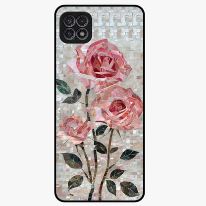Blush Mosaic Bloom Glass Case showing flat back view with mosaic floral bloom artwork and glossy glass finish.