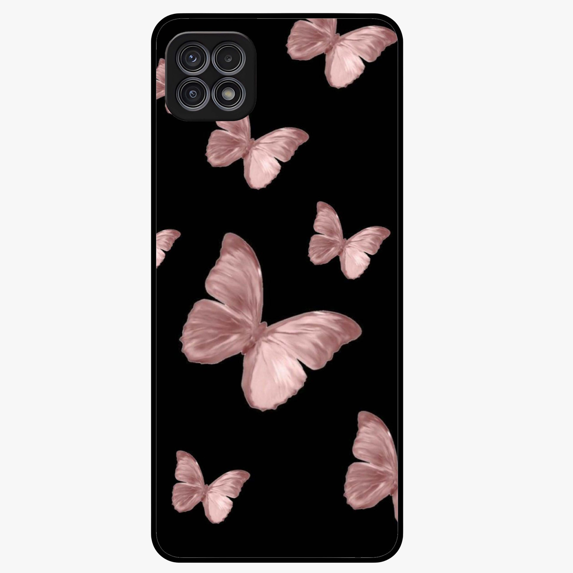 Butterfly Pattern Glass Case showing flat back view with elegant butterfly pattern artwork and glossy glass finish.