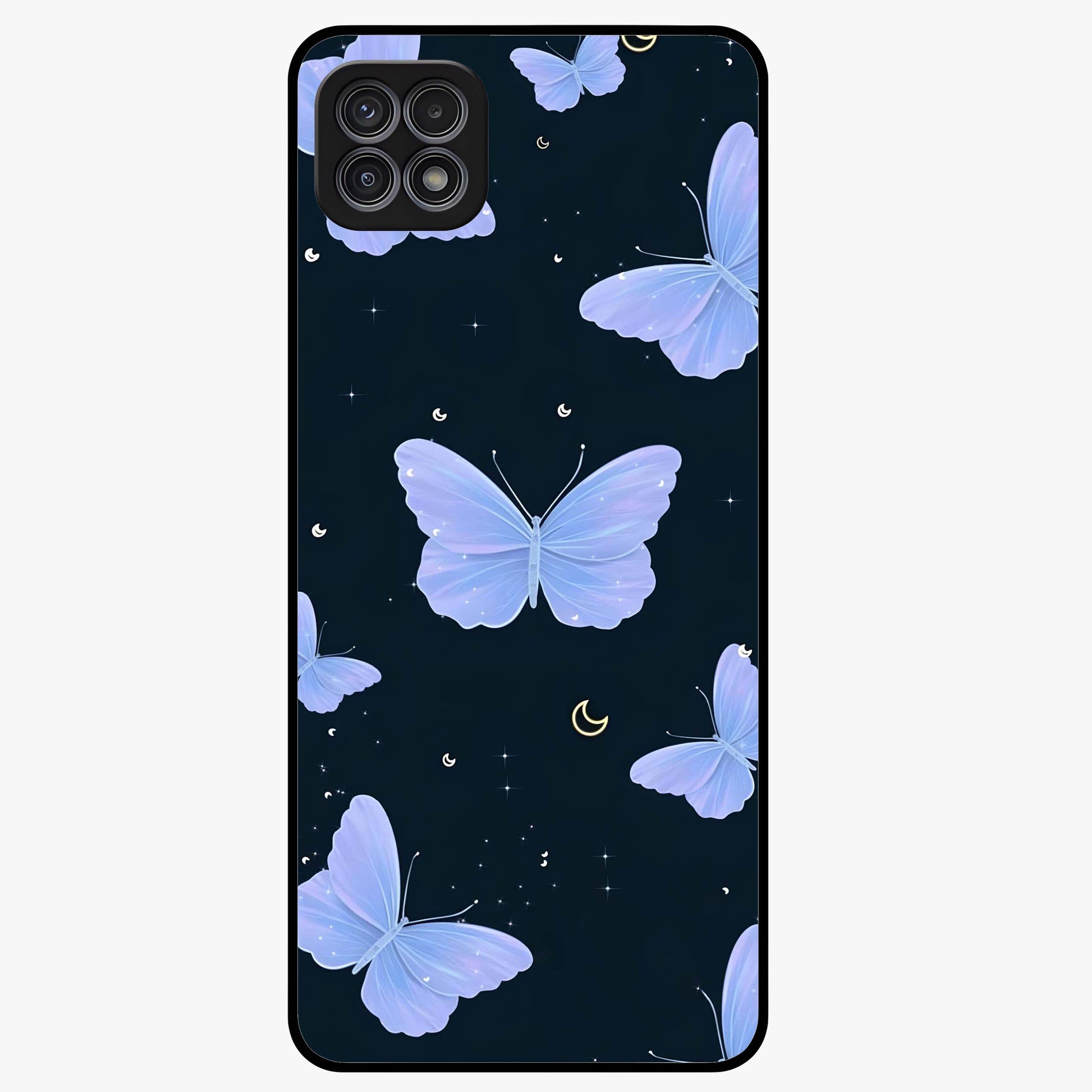 Butterfly With Stars Pattern Glass Case showing flat back view with butterfly and star pattern artwork and glossy glass finish.