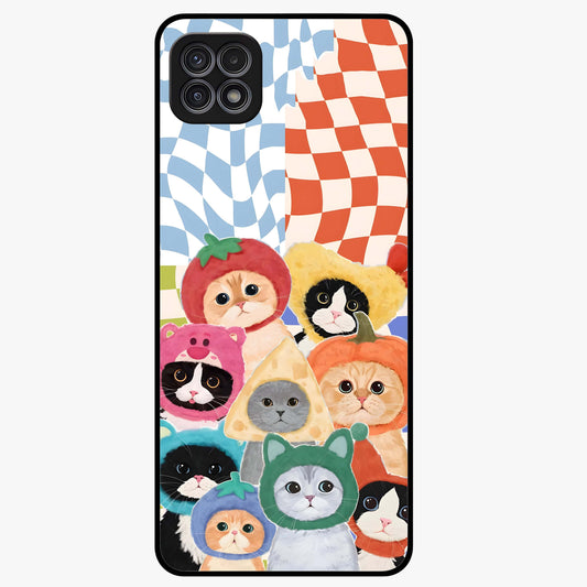 Cats in Fruits Glass Case showing flat back view with playful cat illustrations inside fruit artwork and glossy glass finish.