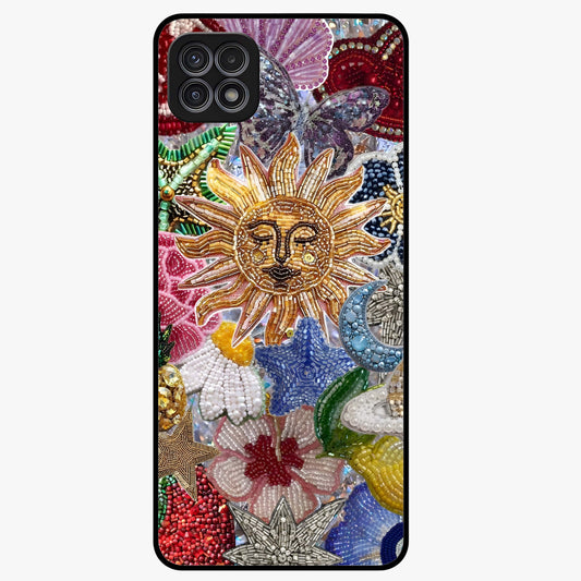 Celestial Floral and Playful Glass Case showing flat back view with floral and celestial themed artwork and glossy glass finish.