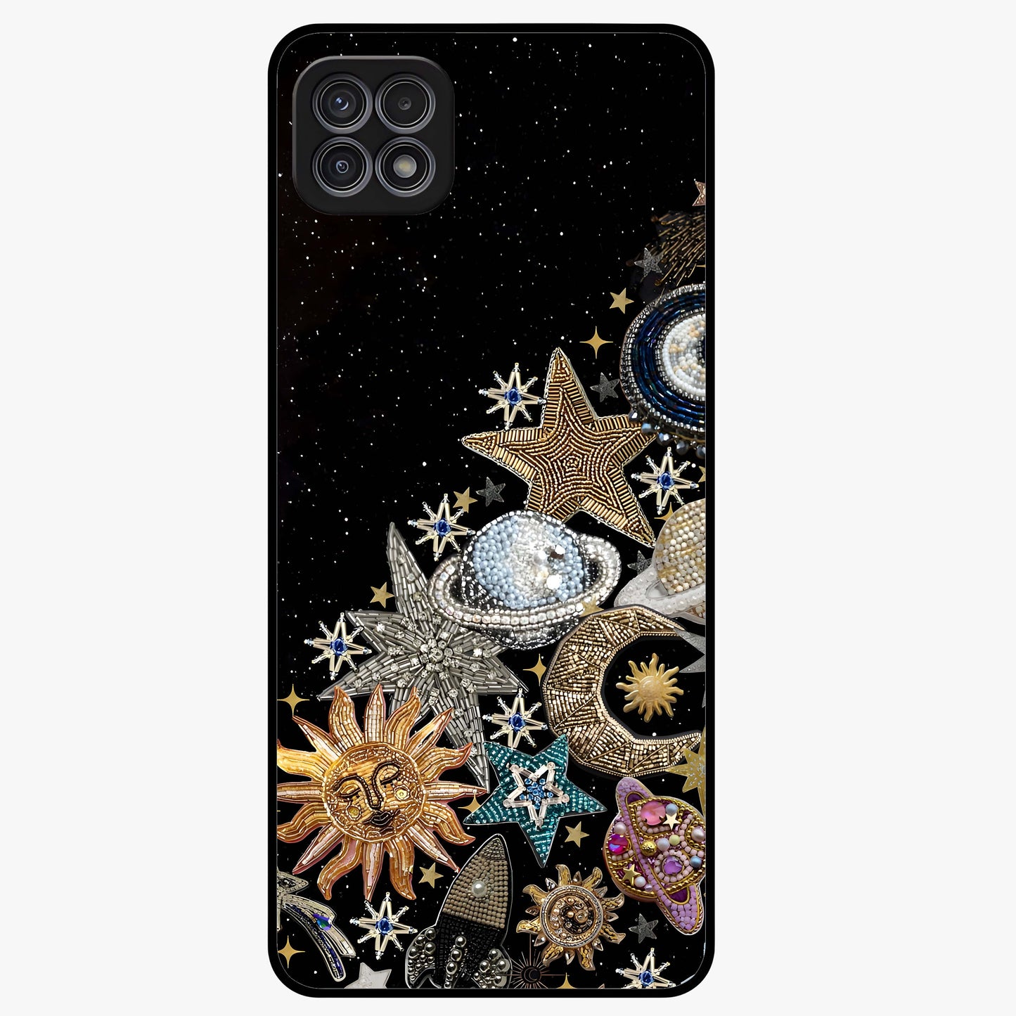 Cosmic Sparkle Dreams Glass Case showing flat back view with sparkling cosmic artwork and glossy glass finish.