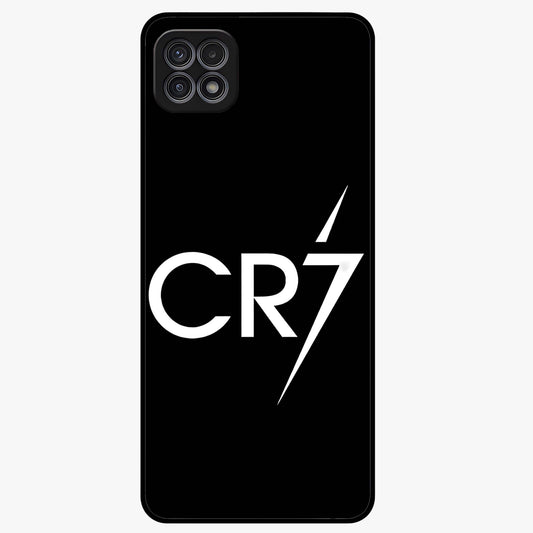 Cr7 Elite Strike Glass Case showing flat back view with dynamic football inspired artwork and glossy glass finish.