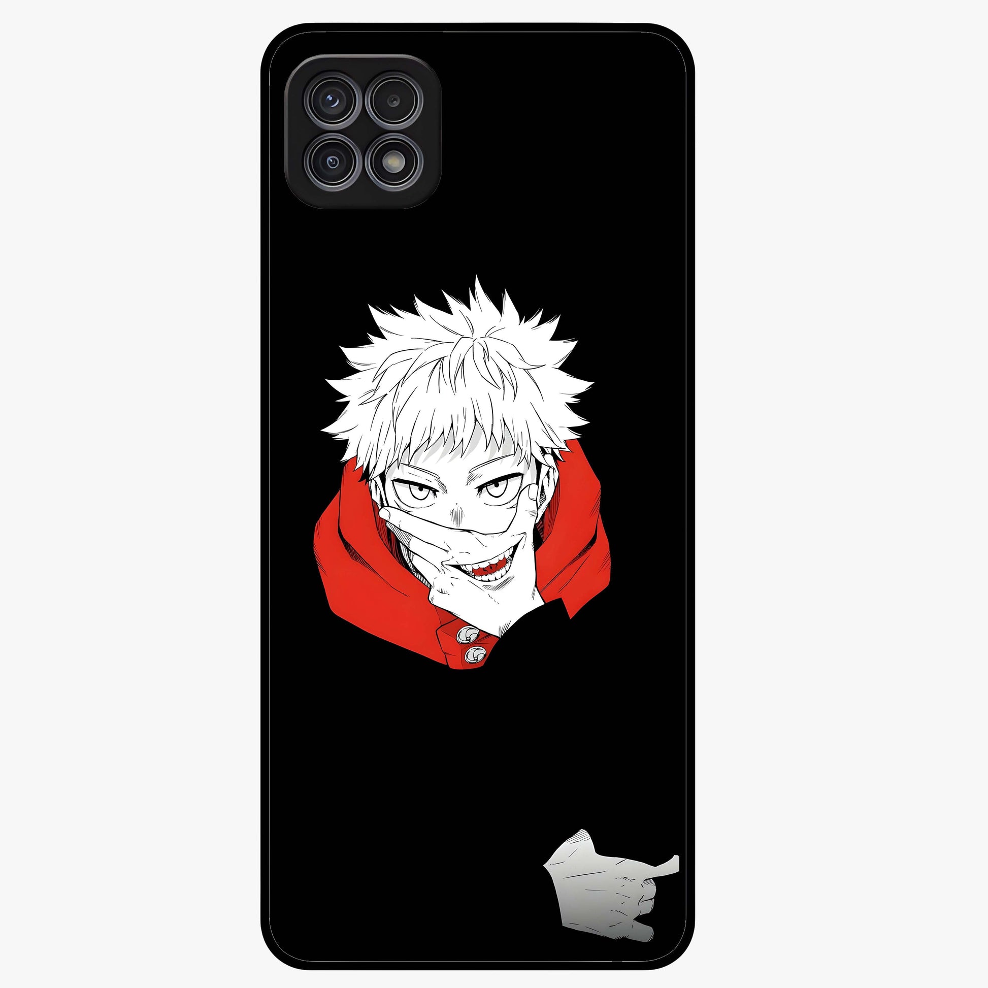Crimson Chaos Smile Glass Case showing flat back view with bold chaotic smile artwork and glossy glass finish.
