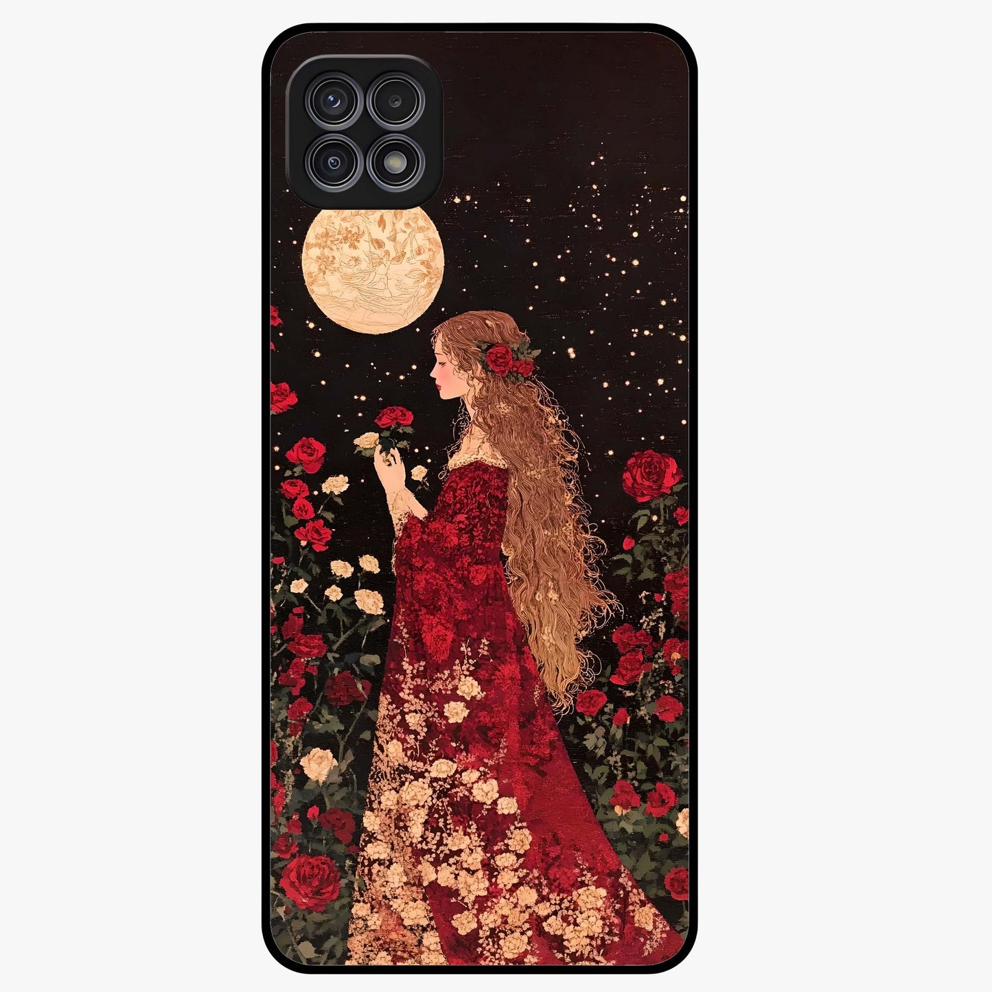 Crimson Dreams Glass Case showing flat back view with dreamy crimson artwork and glossy glass finish.
