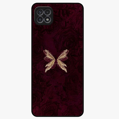 Crimson Fade Butterfly Glass Case showing flat back view with fading butterfly artwork and glossy glass finish.