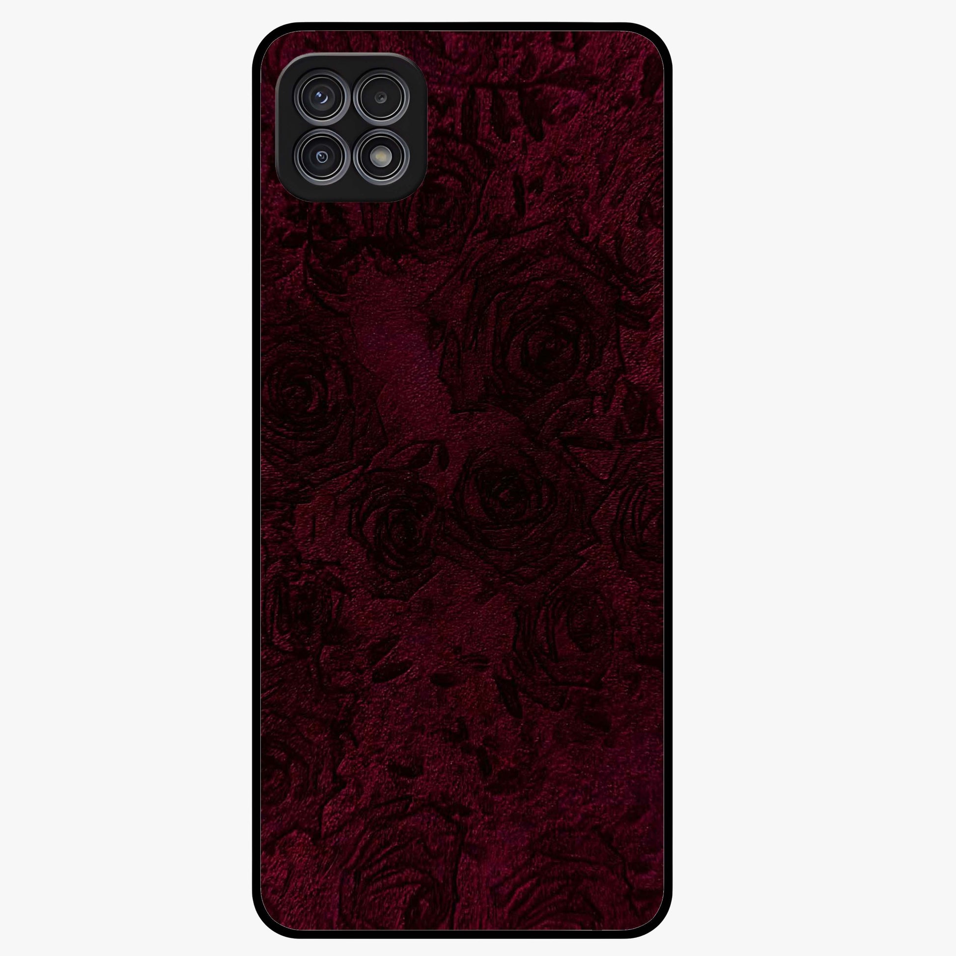Crimson Fade Flow Glass Case showing flat back view with flowing crimson gradient artwork and glossy glass finish.