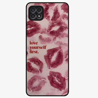 Crimson Kiss Love Glass Case showing flat back view with romantic crimson themed artwork and glossy glass finish.