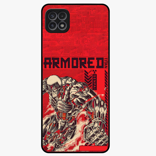 Crimson Mecha Titan Glass Case showing flat back view with powerful mech titan artwork and glossy glass finish.