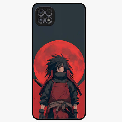 Crimson Moon Warlord Glass Case showing flat back view with mystical moon warrior artwork and glossy glass finish.