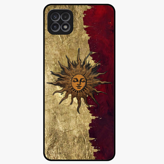 Crimson Sun Majesty Glass Case showing flat back view with radiant sun inspired artwork and glossy glass finish.