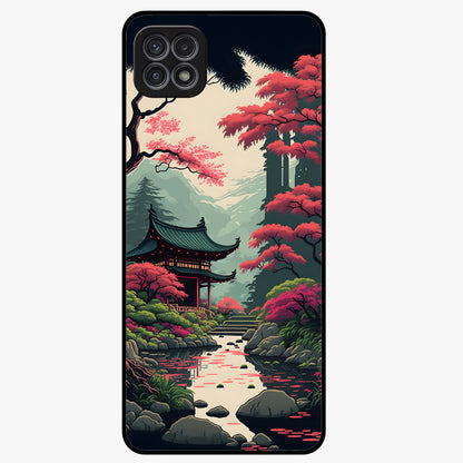 Crimson Temple View Glass Case showing flat back view with temple inspired artwork and glossy glass finish.