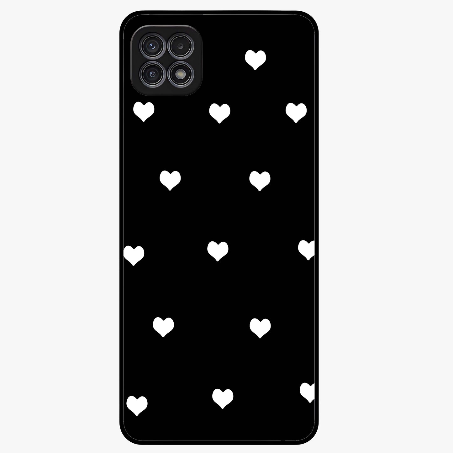 Cute And Simple White Hearts Glass Case showing flat back view with minimal white heart pattern and glossy glass finish.